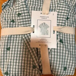 American Eagle Outfitters Green and White seersucker with hearts  Pajama Set